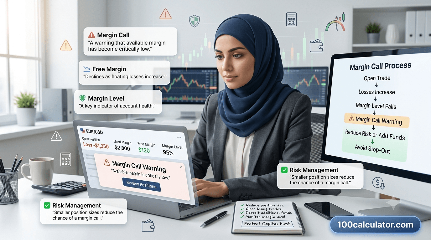 Trader looking at a margin call warning on a forex trading platform with candlestick charts in the background