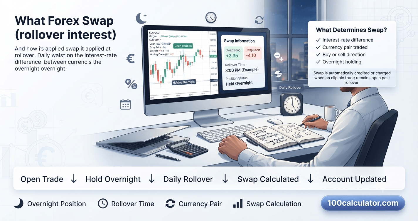 Forex trader checking swap and rollover rates on a currency trading platform before holding a position overnight