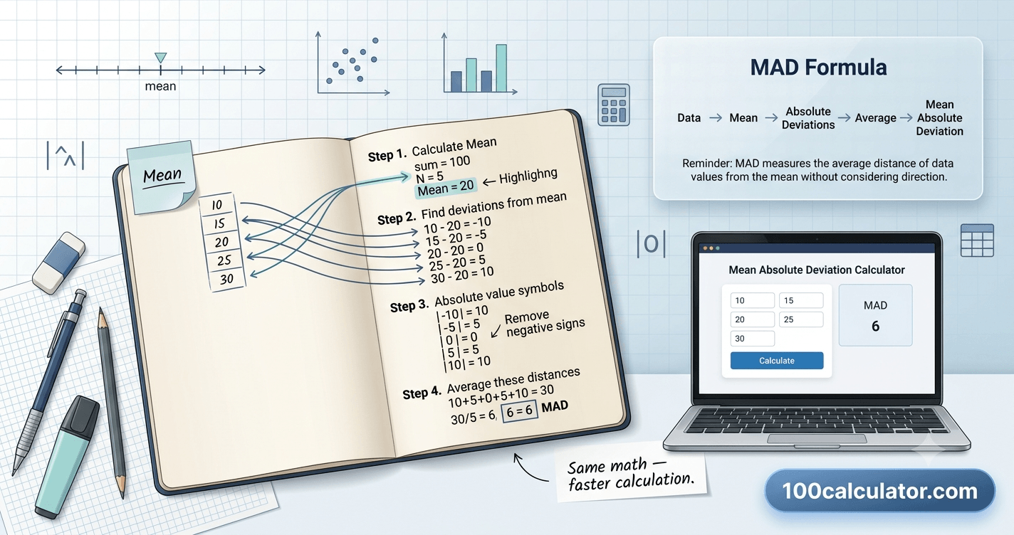 Student calculating mean absolute deviation step by step using a calculator and a notebook of data