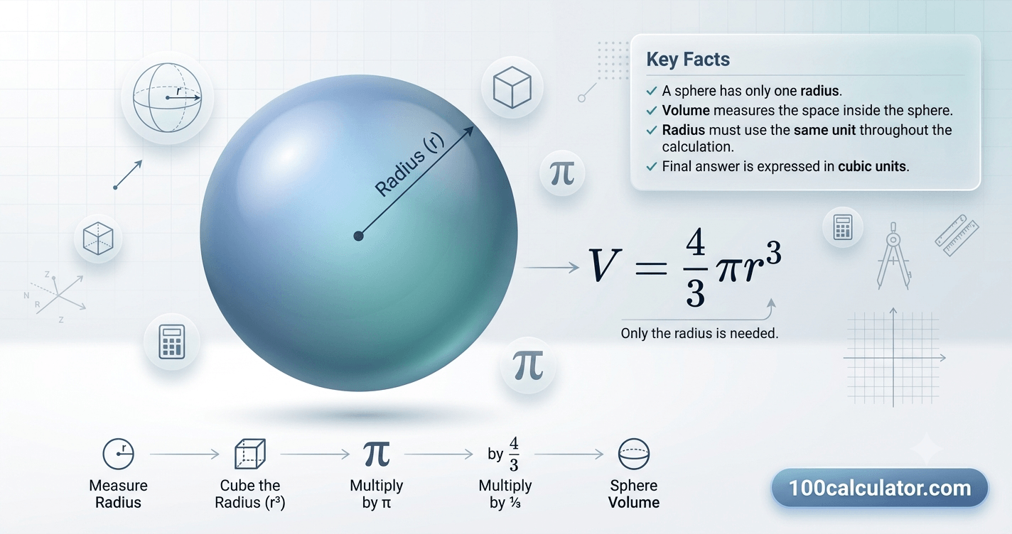 3D sphere with its radius labeled next to the volume formula V equals four thirds pi r cubed