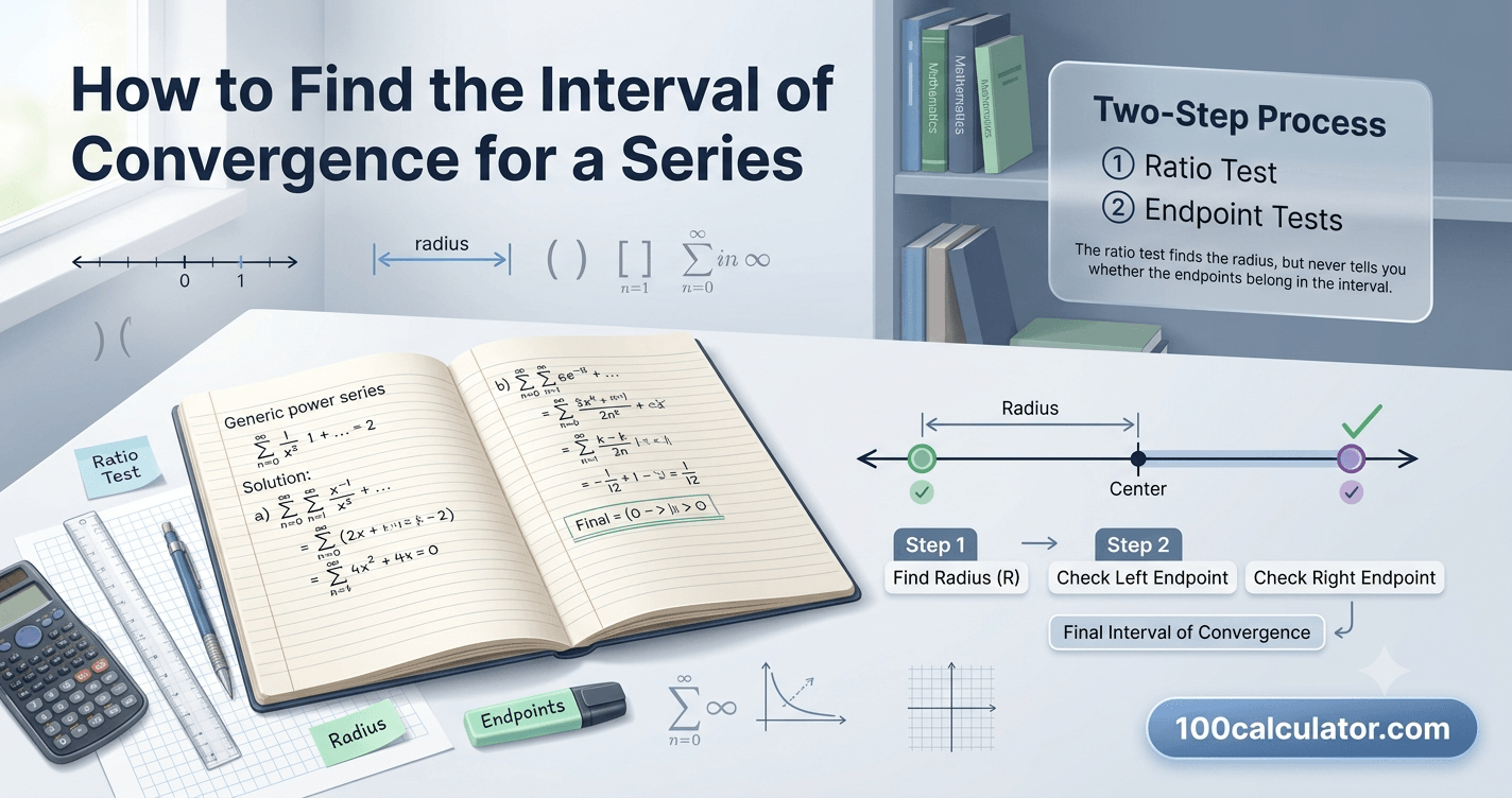 Handwritten power series convergence problem next to a number line diagram marking the interval of convergence
