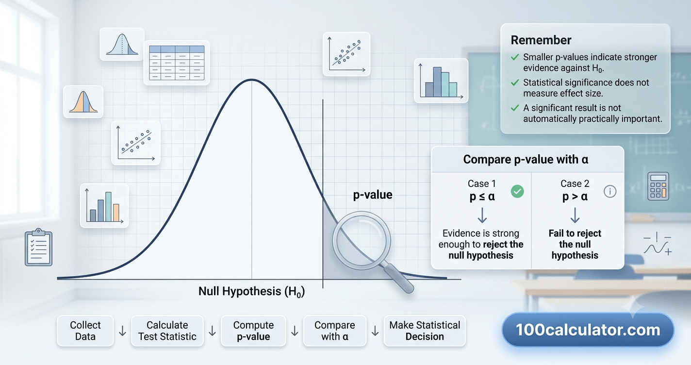 Normal distribution bell curve with a shaded p-value region illustrating how to interpret a p-value in hypothesis testing
