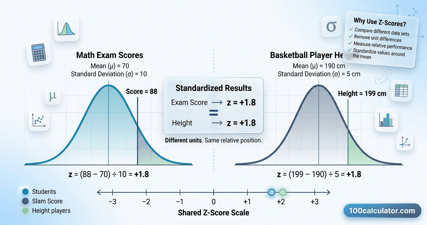 Two different bell-curve data distributions compared side by side using z-scores mapped onto a shared standardized scale