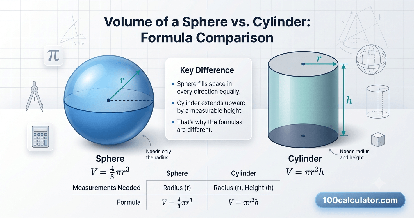 Sphere and cylinder shapes shown side by side, each labeled with its volume formula, radius, and height