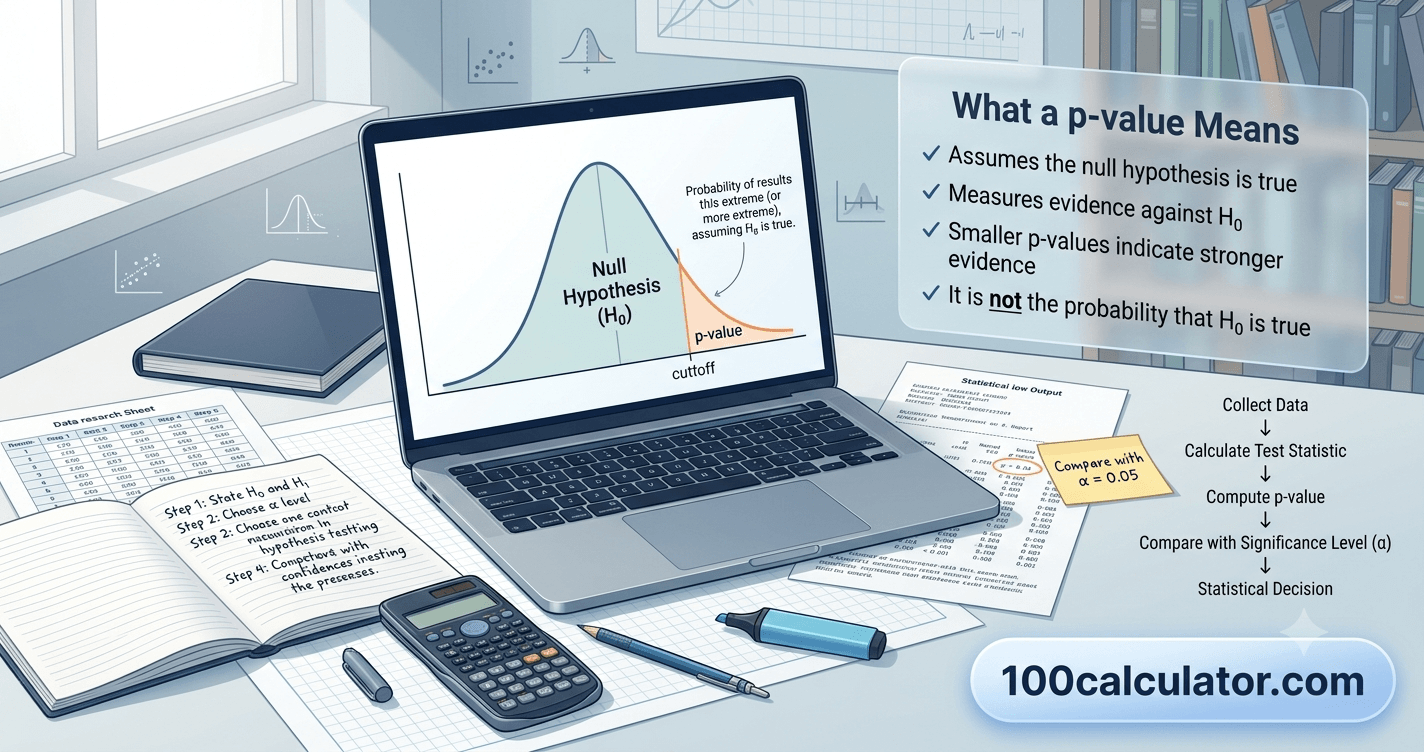 Laptop screen showing a bell curve chart next to a notebook with hypothesis test notes and a printed p value result