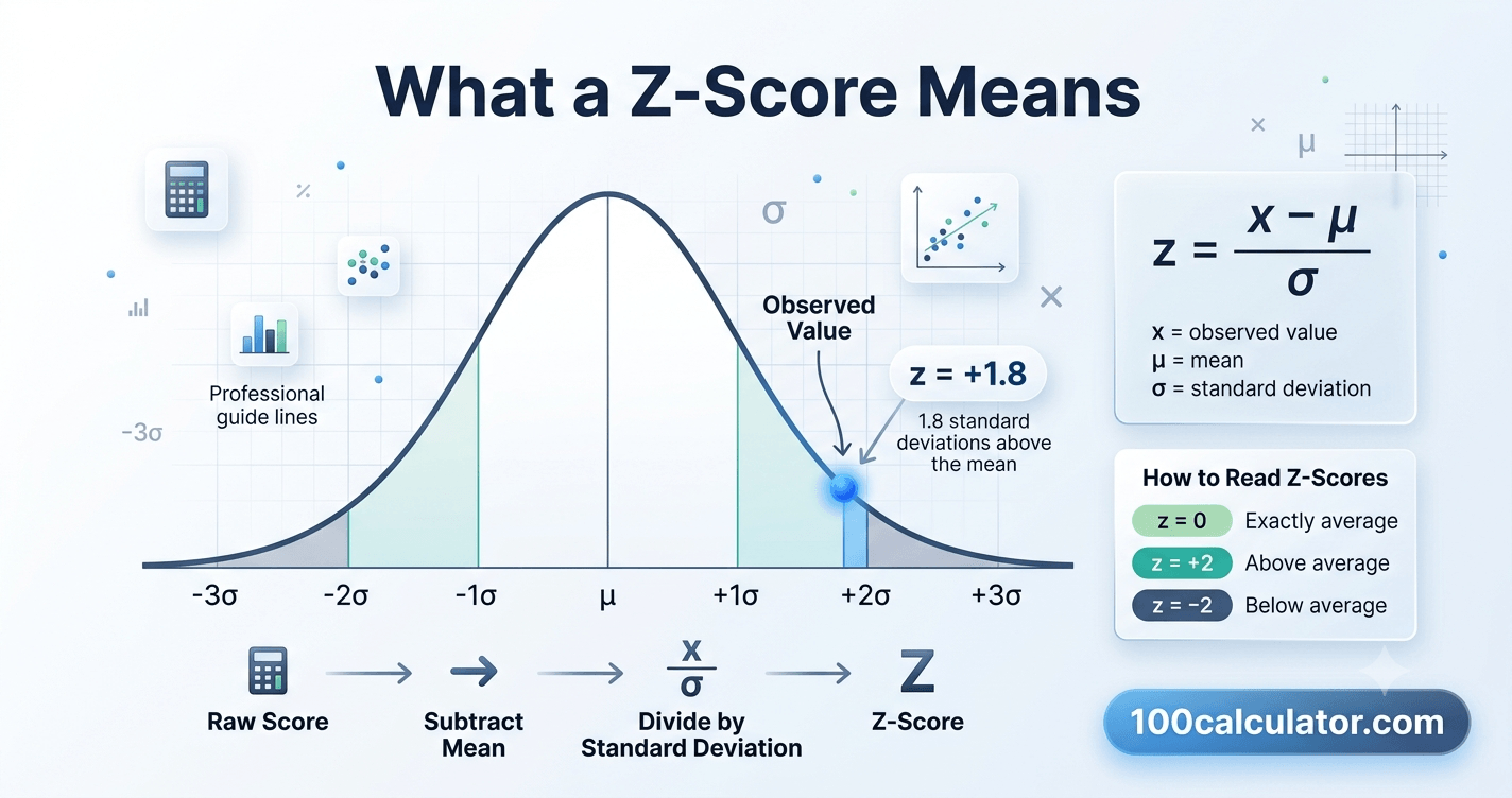 Bell curve diagram showing how a z score measures how far a value sits from the mean of a data set