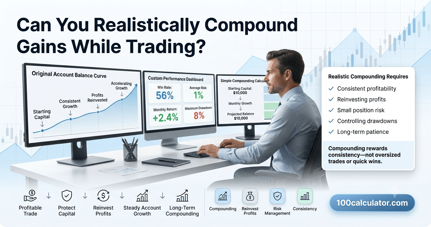 Trader reviewing an upward-trending account balance chart representing compounded trading gains