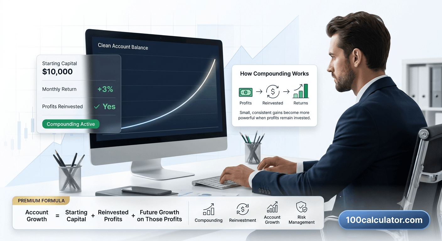 Trader reviewing a rising account balance chart that shows trading profits compounding over time
