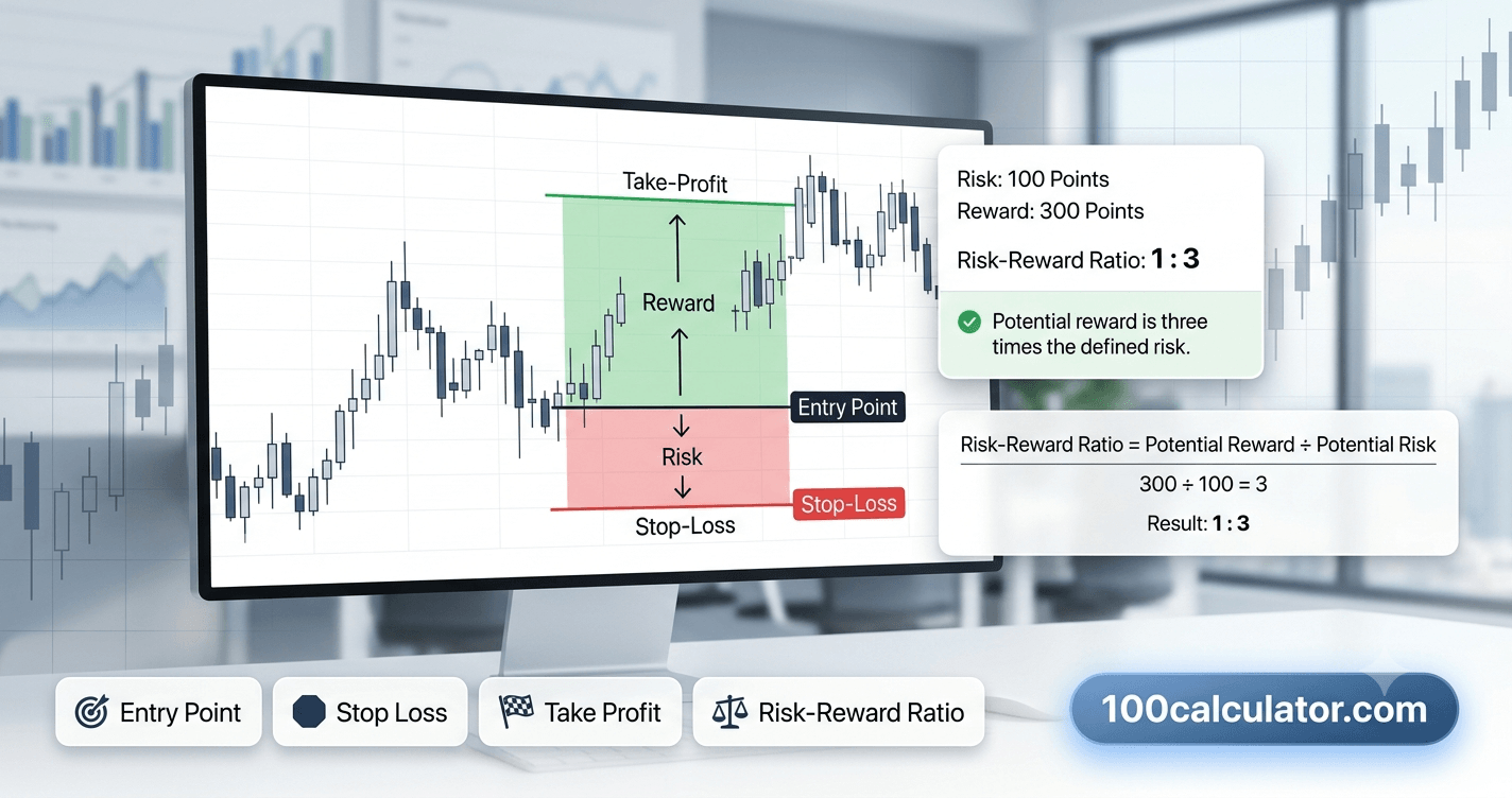 Trading chart with entry point, stop-loss, and take-profit levels marked to illustrate a risk-reward ratio setup