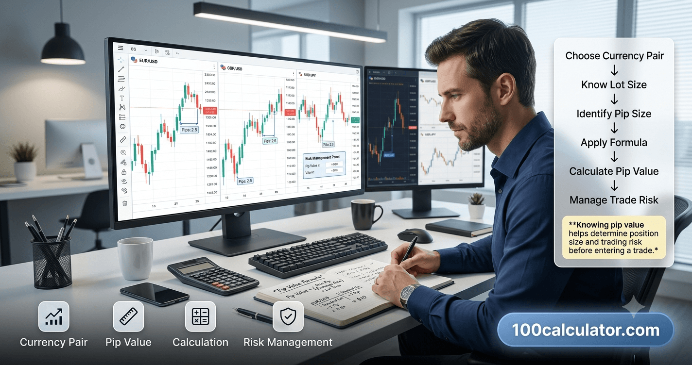Trader calculating pip value for a forex currency pair using price charts and a calculator
