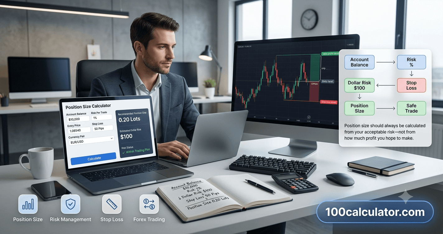 Trader calculating position size and risk on a laptop before placing a forex trade
