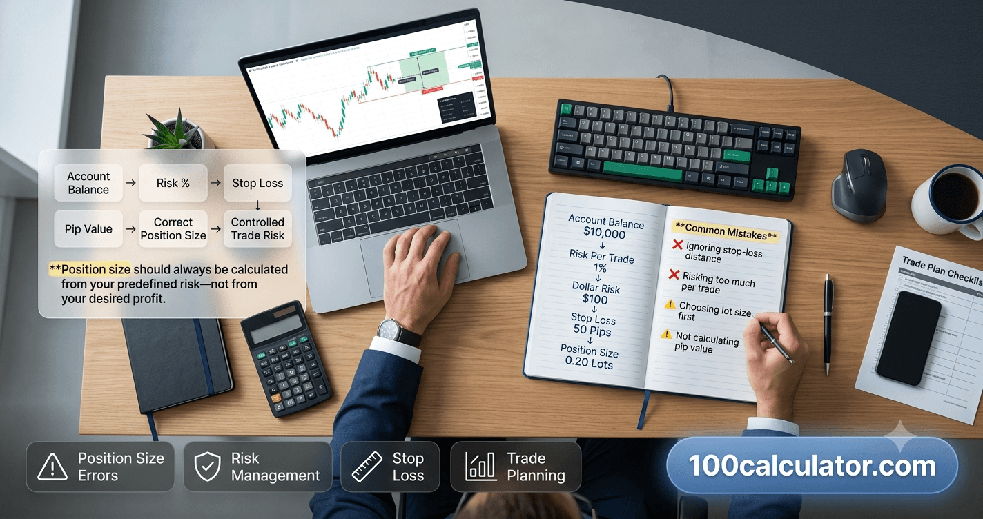 Trader's desk with a candlestick chart on a laptop and handwritten position size and risk percentage calculations in a notebook
