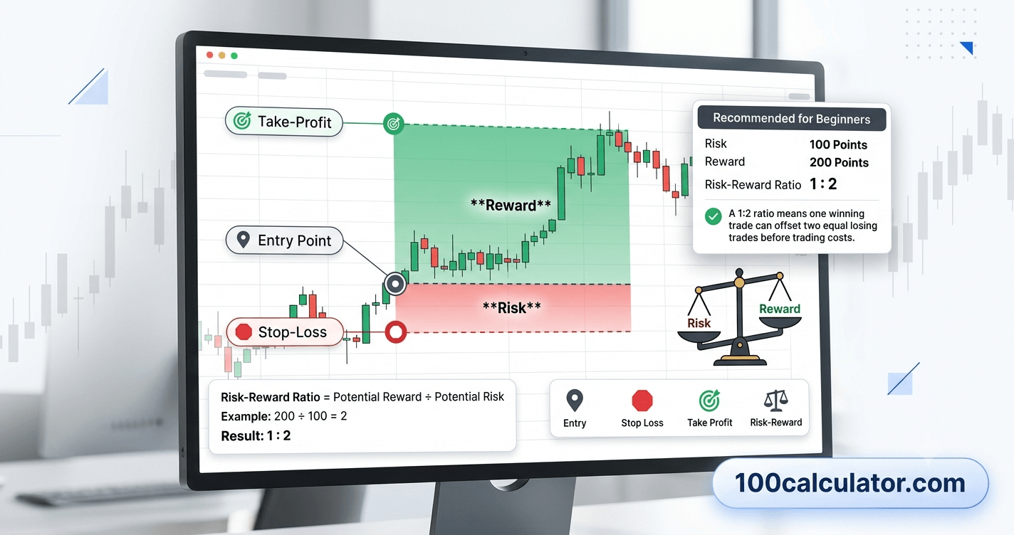 Trading chart marked with an entry point, stop-loss, and take-profit level illustrating a risk-reward ratio setup