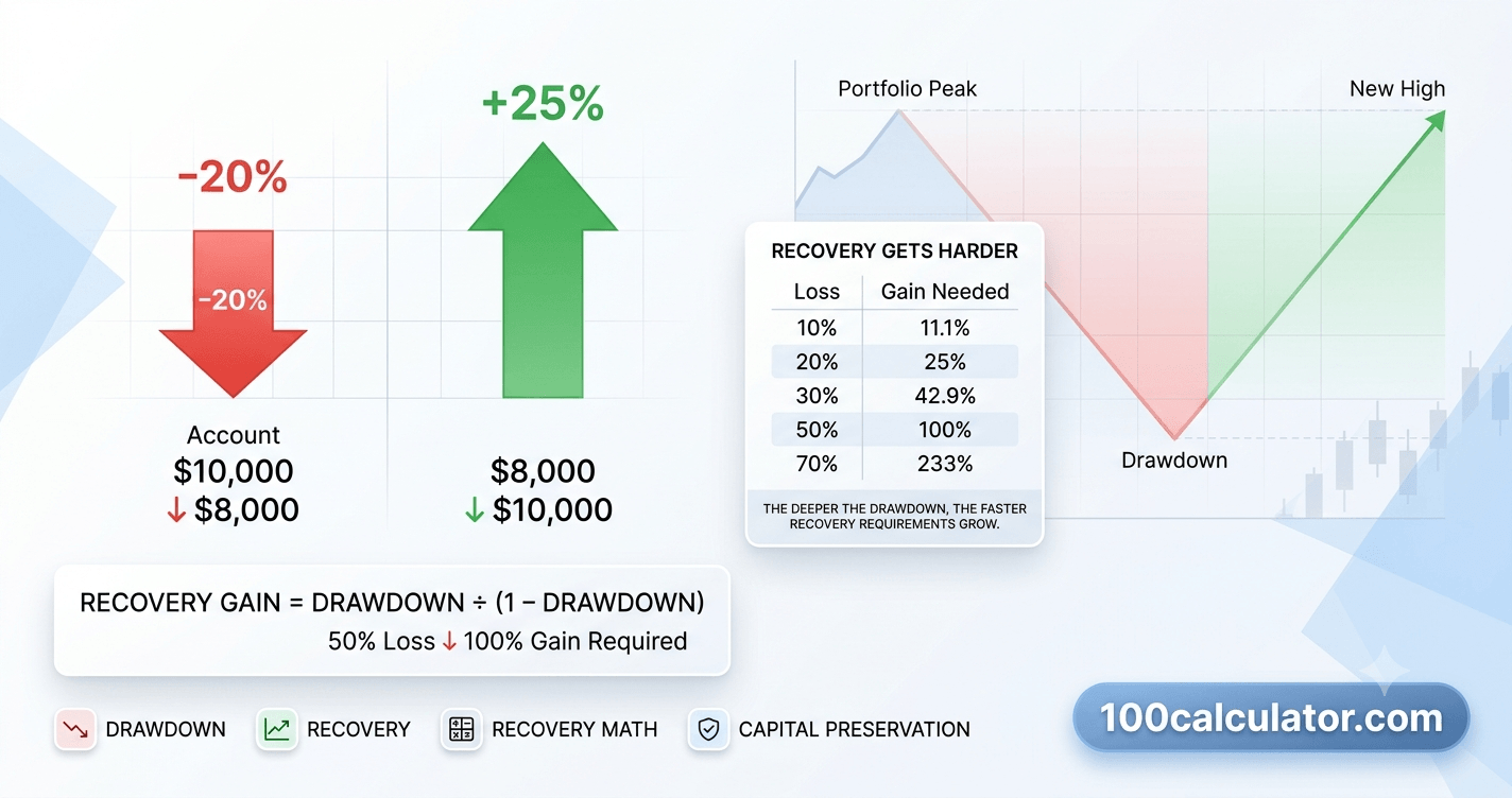 Illustration comparing a small downward loss arrow to the much larger upward gain arrow required to recover it on a trading chart