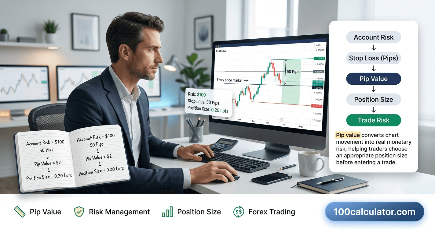 Trader analyzing a forex candlestick chart with pip levels marked, next to handwritten position size and risk calculations