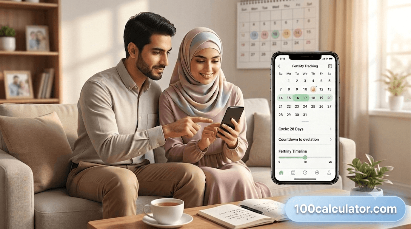 Couple looking at a fertility tracking app together on a phone while planning the best time to conceive