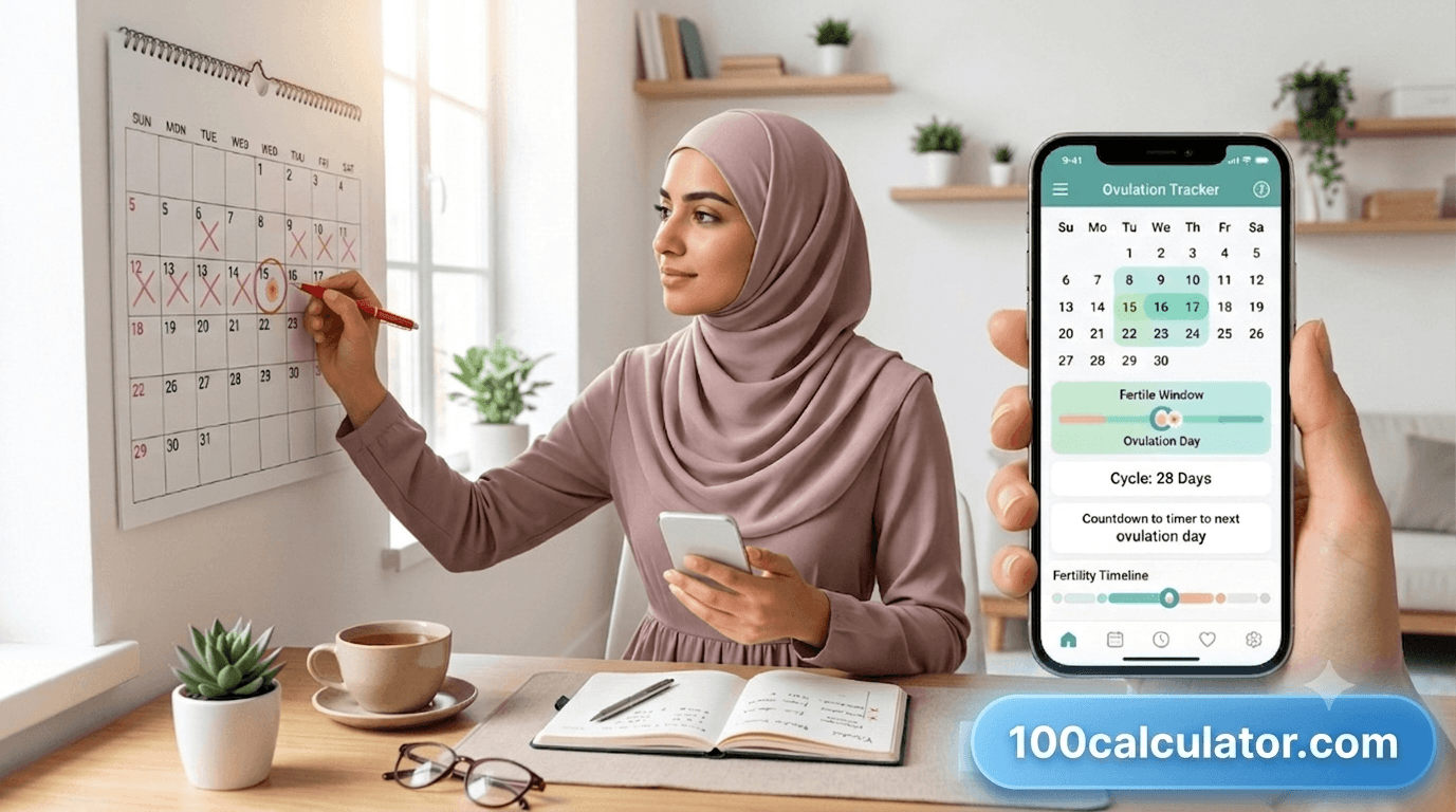 Woman calculating her ovulation day using a wall calendar and an ovulation tracking app on her phone