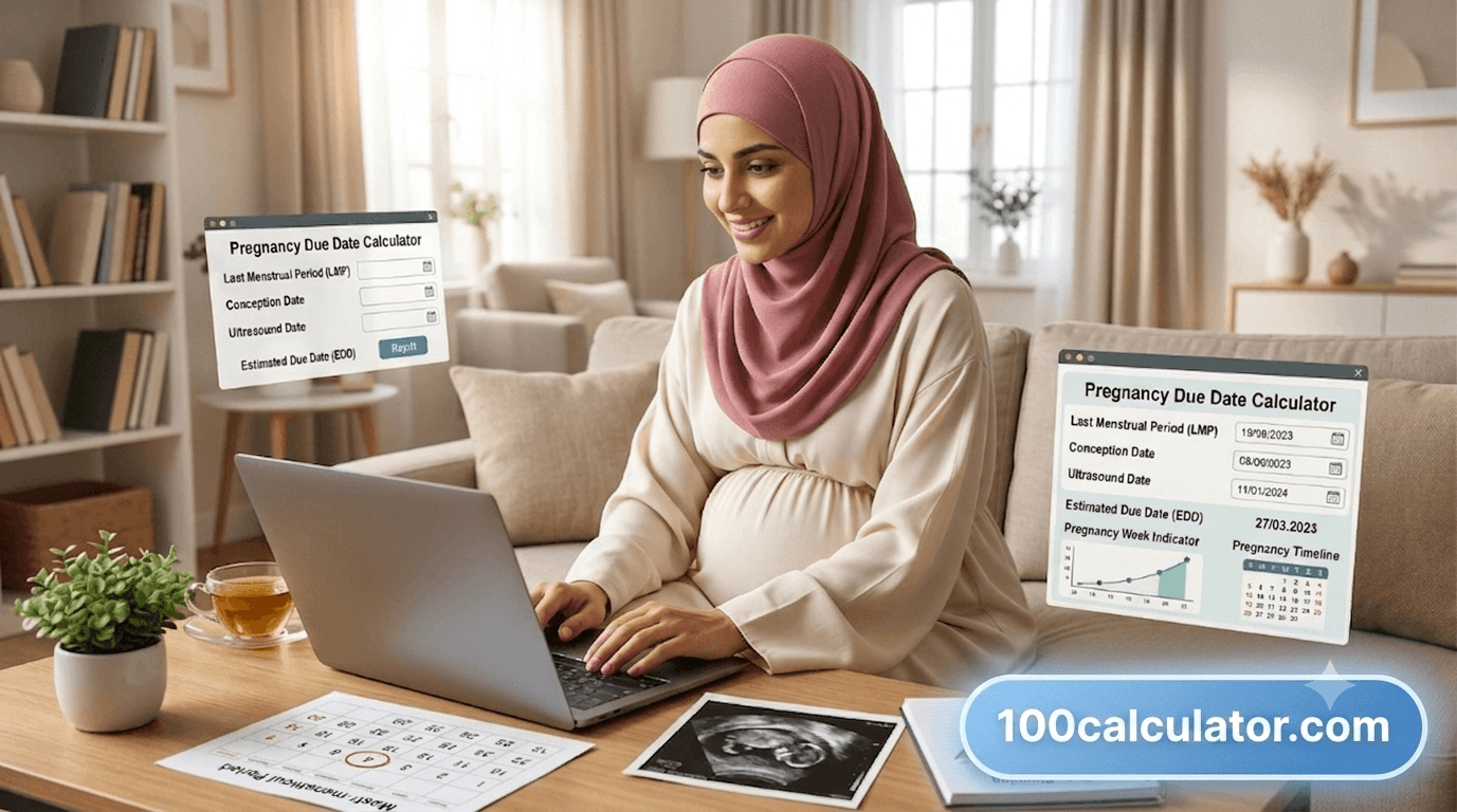 Pregnant woman using an online due date calculator alongside a calendar and ultrasound printout
