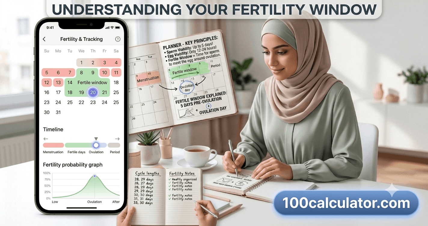 Calendar illustration highlighting the fertile window and ovulation day within a menstrual cycle, with icons representing an egg and sperm