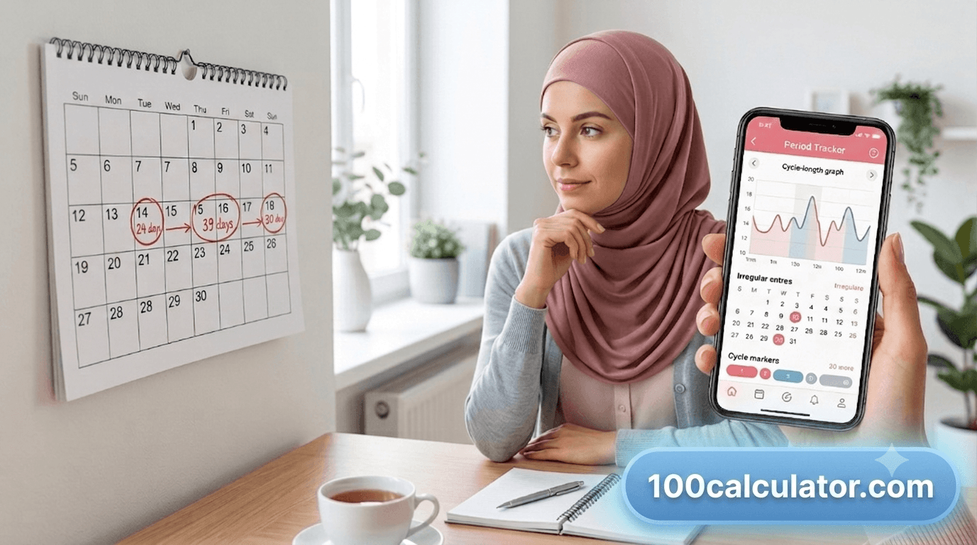 Woman comparing a calendar marked with irregular period dates to a period tracker app on her phone