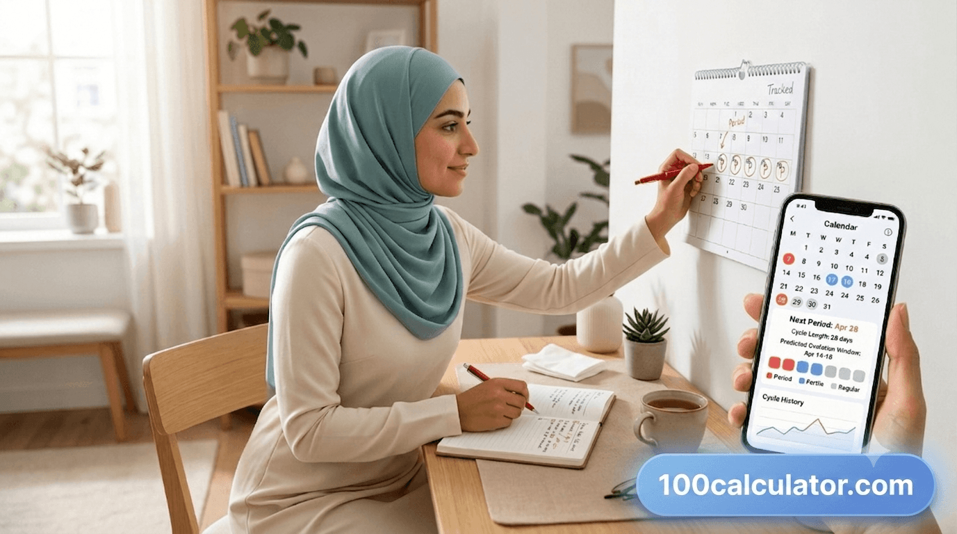 Woman tracking her menstrual cycle using both a wall calendar and a period tracker app on her smartphone