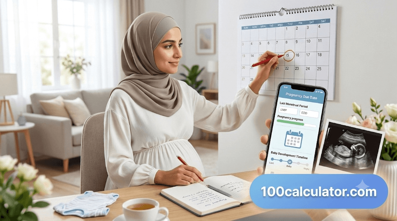 Pregnant woman working out her estimated due date with a wall calendar, a due date calculator app, and an ultrasound photo