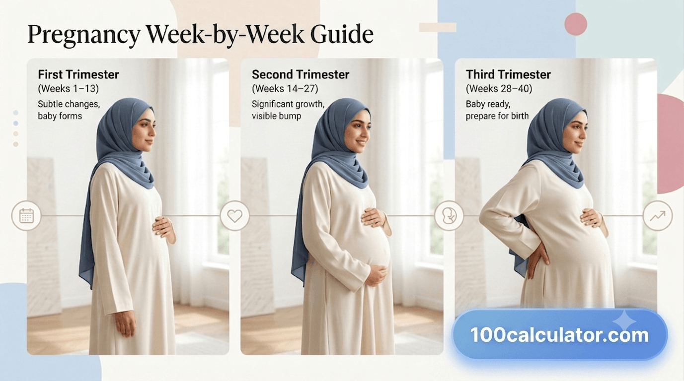 Pregnant woman's silhouette shown across the first, second, and third trimester of pregnancy, illustrating how the body changes week by week