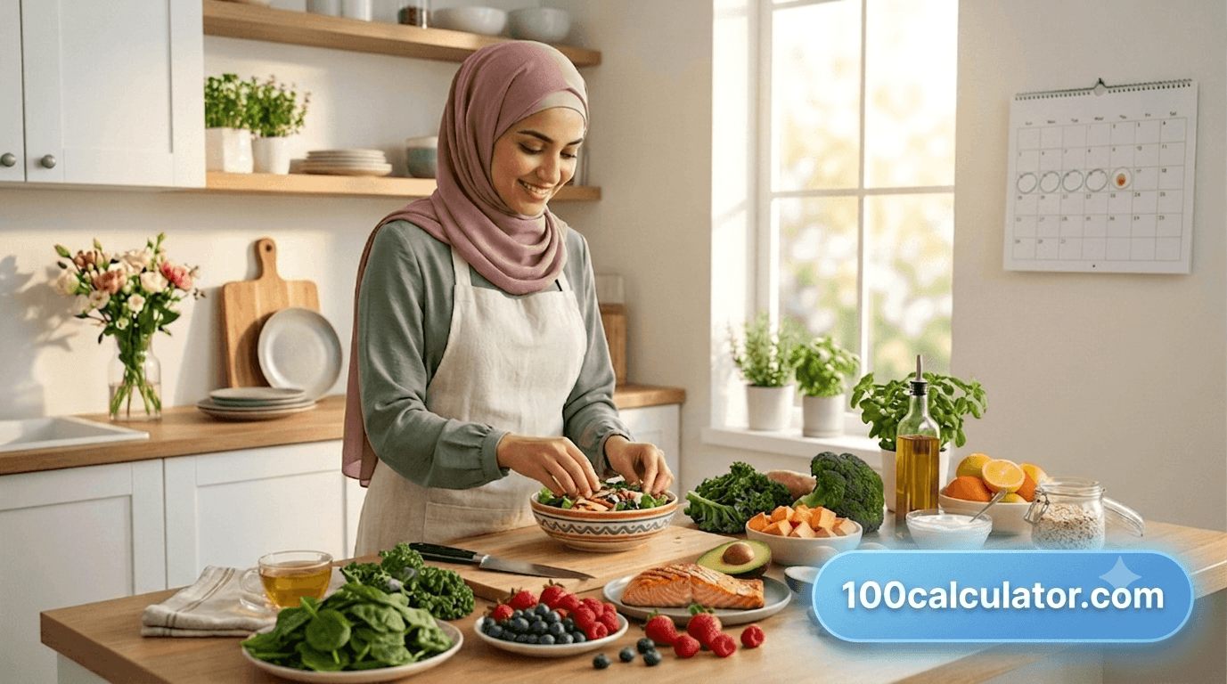 Woman preparing a fertility-friendly meal of leafy greens, berries, and salmon while tracking her cycle on a wall calendar