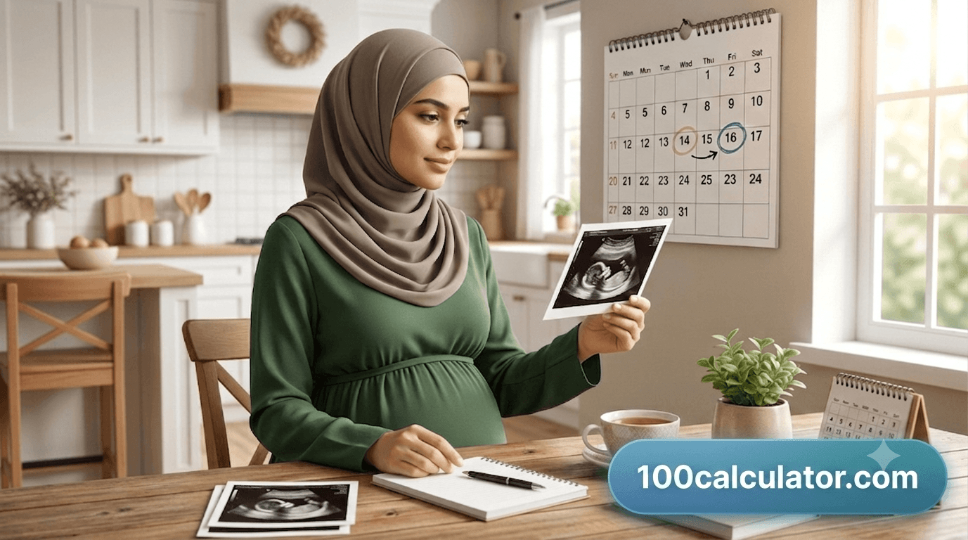 Pregnant woman comparing a printed ultrasound photo with a wall calendar showing an updated estimated due date